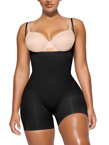 YIANNA Shapewear for Women Tummy Control Bodysuit Open Bust Mid Thigh Seamless Sculpting Body Shaper,YA5258-Black-XXS/XS