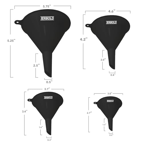 Terbold 4pc Funnel Nesting Set in BPA Free Plastic for Kitchen Cooking, Car Oil, Home, or Lab Use (Black)