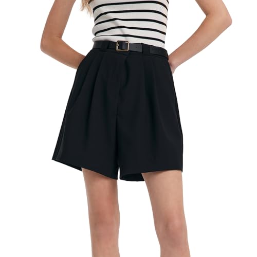 GOELIA Black Elastic High Waisted Shorts for Women Wide Leg Loose A-Line Shorts with Belt and Pockets