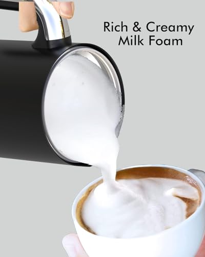 LONGDEEM Milk Frother, 4-in-1 Electric Milk Foamer with Cold & Hot Froth for Latte Cappuccino - Automatic Coffee Foam Maker, Stainless Steel, 10 oz/300 ml, Non-Stick Coating with Auto Shut-Off, Black