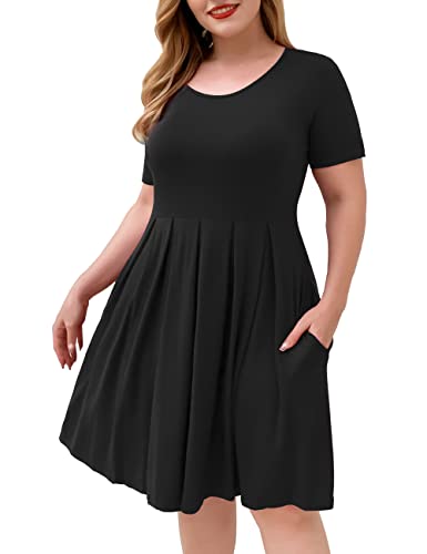 FOLUNSI Women's Plus Size Short Sleeve Pleated Loose Swing Casual Dress with Pockets Knee Length Purple Gray 4XL