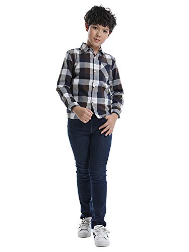 OCHENTA Big Kids Boys' Button Down Flannel Plaid Shirt Boy Long Sleeve Christmas Outfit E003 Coffee 150 7-8 Years