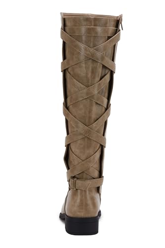 Syktkmx Womens Strappy Motorcycle Knee High Boots Winter Lace Up Riding Flat Low Heel Shoes, Dark Brown, Size 10