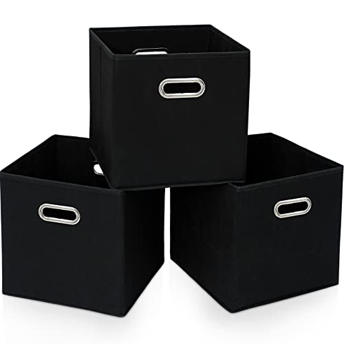 STOREONE 13 Inch Cube Organizer Bins ,Black Fabric Storage Bin，Foldable Storage Box Basket with Dual Handles Fabric Organizer Bins and collapsible Storage Boxes，Set of 3,Black
