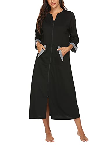 Ekouaer Women Zipper Robe 3/4 Sleeves Loungewear Dress Full Length Sleepwear Pockets Housecoat Nightgown Long Bathrobe