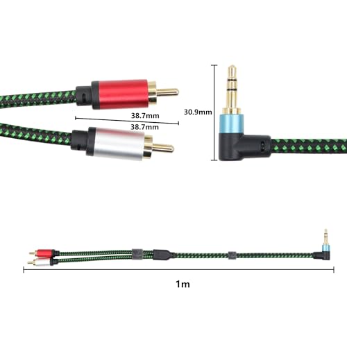 RIIEYOCA 90Degrees Right Angle 3.5mm to 2 RCA Cable 3FT,2RCA Male to 3.5mm TRS Male Stereo Y Splitter Adapter for Smartphone, Speaker, MP3, Tablet & More (1M)