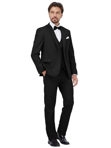 MAGE MALE Mens 3 Piece Suits Slim Fit Tuxedo Suit Set Soild Prom Wedding Suits One Button Blazer Vest Pants Set with Bow Tie Black