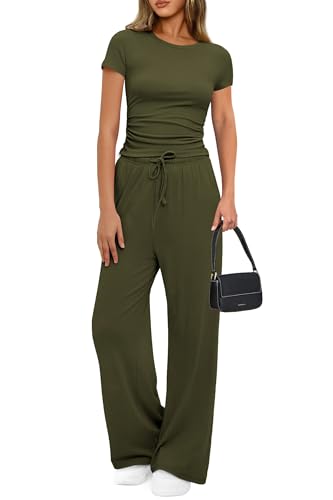 PRETTYGARDEN Women's 2 Piece Outfits Summer Tracksuit Lounge Sets Short Sleeve Crop Tops T Shirts High Waisted Wide Leg Pants (Army Green,X-Small)