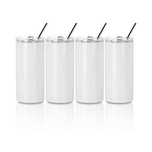 PYD Life Sublimation Blanks Tumbler Skinny 16 OZ Straight Stainless Steel Coffee Kids Tumbler with Lid and Metal Straw for Tumbler Heat Press Machine Sublimation Print 4 Pack