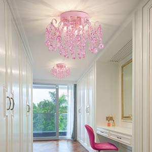 Q&S Mini Chandelier Crystal,Semi Flush Mount Pink Girl Chandelier, Small Crystal Ceiling Light Fixture Bedroom Bathroom Closet Nursery 3 Lights