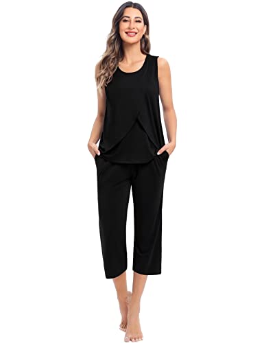 SWOMOG Women's Maternity Pajama Sets Sleeveless Pregnancy Pj Set Nursing Breastfeeding Sleepwear Set Adjustable Waistband Black