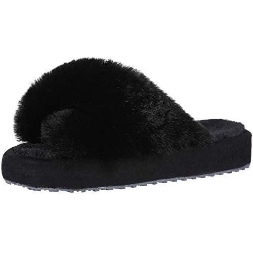 Girl's Soft Plush Lightweight House Slippers Non Slip Cross Band Slip on Open Toe Cozy Indoor Outdoor Slippers BK30 Black