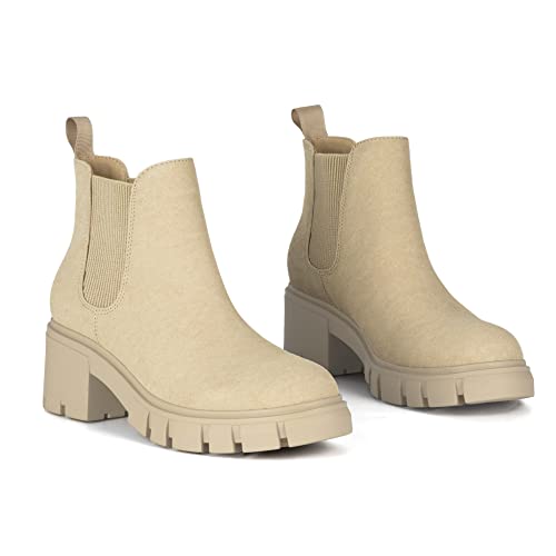 Athlefit Women's Chelsea Boots Fashion Lug Sole Chunky Heel Slip on Elastic Ankle Black Booties Size 11