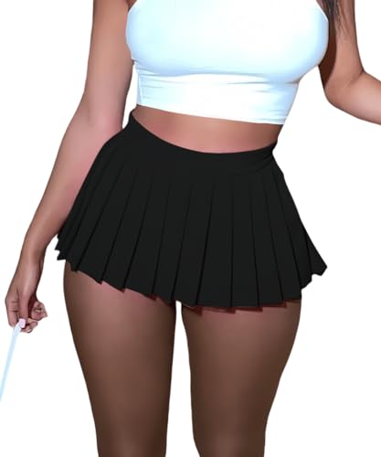 Womens Mini Pleated Skirts, Cargo Tennis Stretchy Skirt Y2k Skater Skirt Girl Sexy A-Line Club School Skirt Black