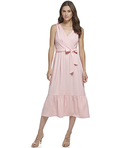 DKNY Women's Ruffle Hem Self Tie Belt V Neck Dress, Cream/Pink, 2