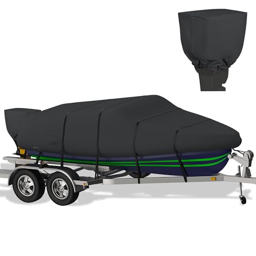 K-Musculo Boat Cover, 12-14 ft Heavy Duty 800D Waterproof Boat Cover, Tear UV Resistant Boat Cover with Motor Cover, Fits V-Hull, Tri-Hull, Runabout Boat Cover (Boat Width 68in, Black)