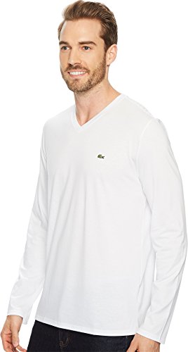 Lacoste Mens Long Sleeve Jersey Pima V-Neck T-Shirt T Shirt, White, Large US