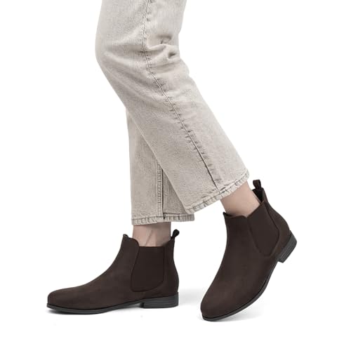 VJH confort Women's Slip on Ankle Boot, Western Almond Round Toe Low Heel Elastic Chelsea Bootie (Brown suede,11)