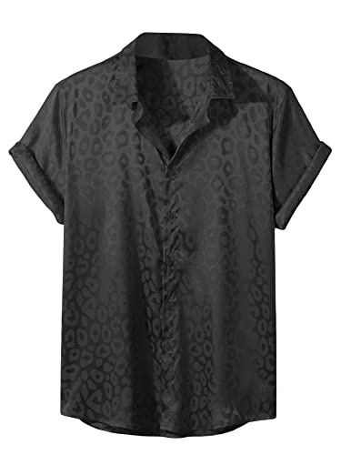 Verdusa Men's Satin Button Down Lapel Collar Leopard Print Short Sleeve Shirt Black S