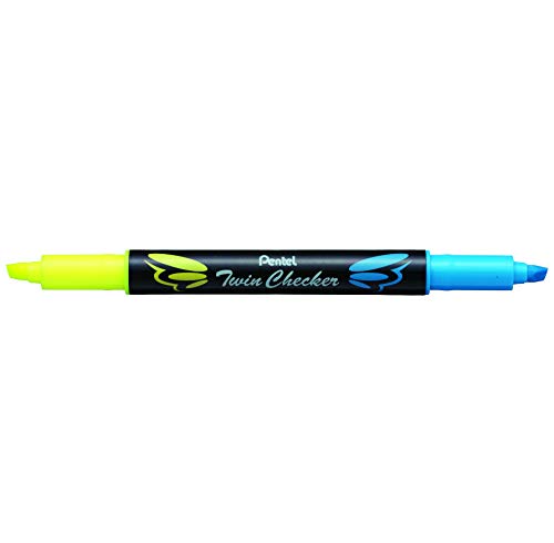 Pentel Twin Checker Dual-tip Highlighter, Chisel Tip, Yellow/Blue Ink, Pack of 12 (SLW8-GS)