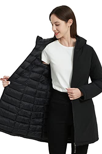 Bellivera Women Puffer Jacket Reversible Spring and Winter Warm Quilted Lightweight Long Hooded Padded Bubble Coat 207 Black S