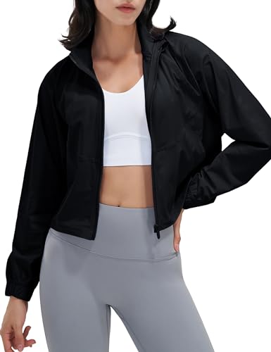 UANEO Womens Athletic Cropped Jacket Zip Up Long Sleeve Workout Tops Gym Yoga Running Sports Shirts Jackets(Black-XS)