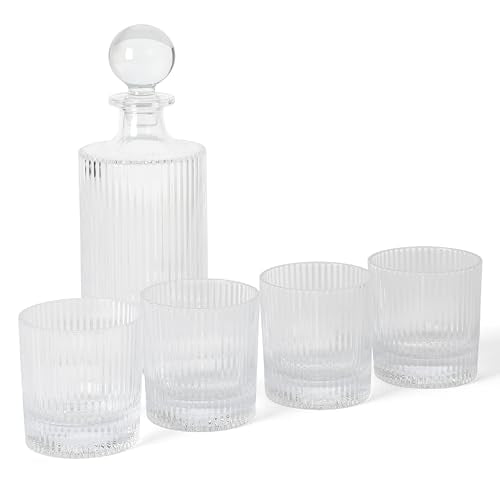 Martha Stewart Bayville Decanter Plus 4 Whiskey 10 OZ DOF Embossed Glassware Set