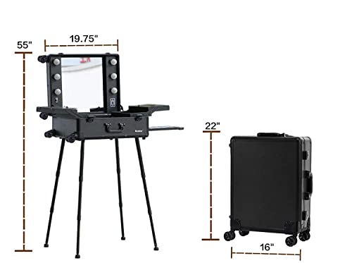 Kemier Makeup Case,Professional Artist Studio Cosmetic Train Table w/4 Rolling Wheels & Lights & Mirror,Pro Makeup Station,Cover Board and Easy Clean Extendable Trays,Adjustable Legs,Sturdy (Black)