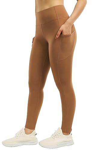 PERSIT Softness Stretchy Workout Leggings - High Waisted Yoga Pants for Women with Pockets Brownish Red