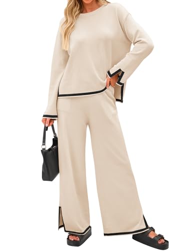 ZESICA Women's 2 Piece Outfits Set 2024 Casual Long Sleeve Knit Pullover Top and Wide Leg Pants Sweatsuit Lounge Sets,Teal,Medium