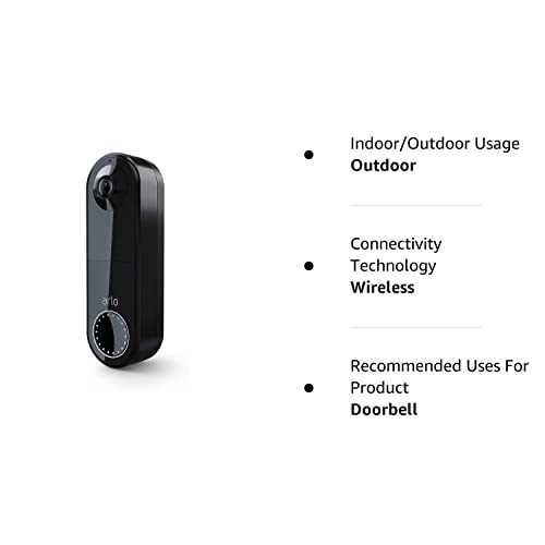 Arlo Essential Wire-Free Battery Operated Video Doorbell - HD Video, 180° View, Night Vision, 2 Way Audio, Direct to Wi-Fi No Hub Needed, Black - AVD2001B (Renewed)