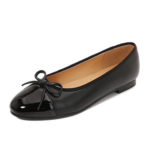 VivaLaver Women's Cap Toe Ballet Flats Two Tone Bow Flats Round Toe Shoes for Women Slip on Casual, Work, Dress Flats Pumps for Women Black Size 11