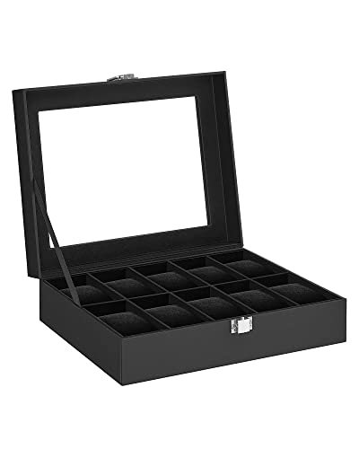 SONGMICS Watch Box, 10-Slot Watch Case with Large Glass Lid, Removable Watch Pillows, Watch Box Organizer, Gift for Loved Ones, Black Synthetic Leather, Black Lining UJWB010B02