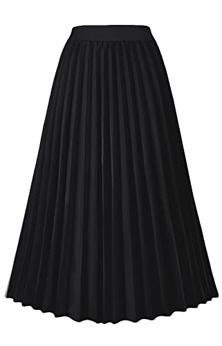 GOLDSTITCH Women's High Waist Pleated Skirt A line Swing Midi Skirt Black