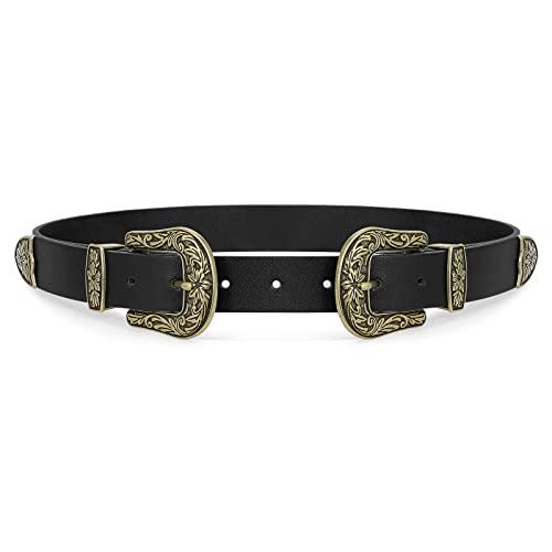WHIPPY Vintage Western Leather Belt for Women Double Buckle Retro Cowgirl Waist Belts for Jeans Pants Dresses Black Gold, S