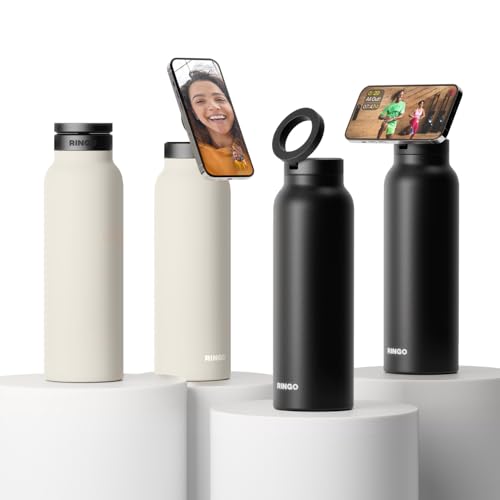 Ringo Insulated Water Bottle - Compatible MagSafe Water Bottle With Phone Holder - Stainless Steel Water Bottle With Magnetic Phone Tripod Mount - Hot 12H, Cold 24H, 360° Rotate - Black 24oz