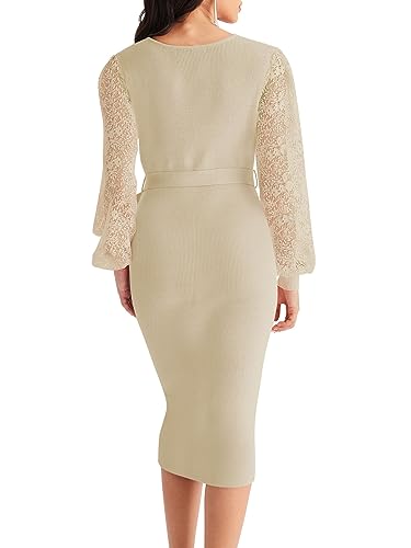 MEROKEETY Womens V Neck Lace Long Sleeve Sweater Dress Sexy Wrap Knit Bodycon Midi Dresses with Belt, White, Medium