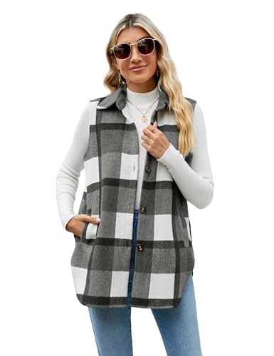 UANEO Womens Fall Flannel Plaid Vest Button Down Sleeveless Shirt Jacket With Pockets(Black-S)