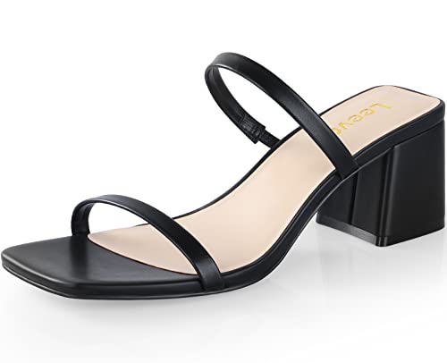 Leevar Square Toe Heeled Sandals for Women,Women's Low Block Heels Sandals,2.25IN Open Toe Ankle Strap Chunky Heels, Black Pu, 4 UK