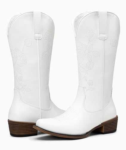 Jeossy Women's 9807 Cowboy Boots Mid Calf Embroidery Flower Boots Western Round Toe Cowgirl Boots, Whisky, Size 6M US-with Side Zipper(DJY9807 Whisky 06)