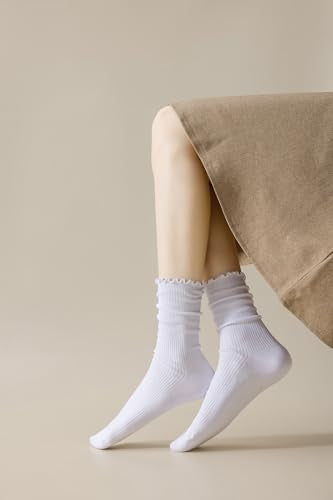 SRYL Ruffle Ankle Socks for Women's,Casual Cute Turn-Cuff Socks Soft Breathable Knit Cotton Lettuce Frilly Crew Socks Women/Girls (3 Pairs (white+light beige+khaki))