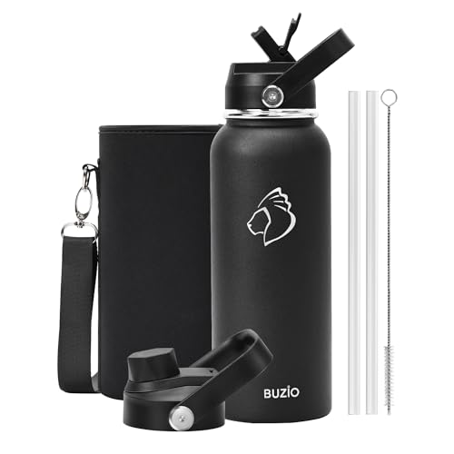 BUZIO 40oz Insulated Water Bottle, Stainless Steel Water Flask with Straw Lid and carrying pouch, Keep Cold 48h Leak Proof Double Wall Vacuum Travel Mug Metal Canteen for Gym Camp Beach, Black