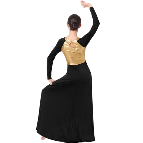 IBAKOM Women Gold Metallic High Low Praise Dance Dress Long Church Liturgical Worship Costume Tunic Lyrical Dance Outfits Ballerina Ballroom Dance Costume Christen Prayer Dance Dress Black High-Low S