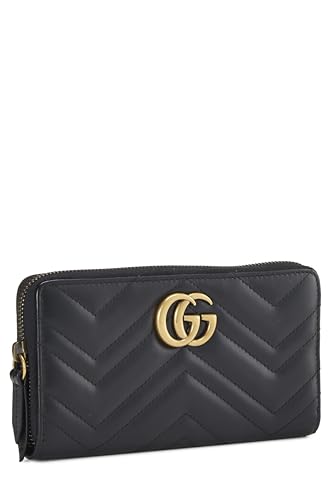 Gucci, Pre-Loved Black Chevron Leather GG Marmont Zip Wallet, Black