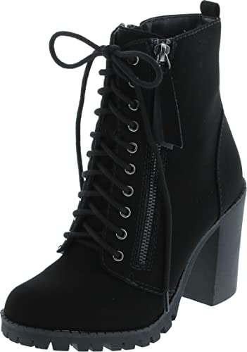 Soda Malia Round Toe Stacked Lug Heel Lace Up Ankle Booties (Black (PU), numeric_11)