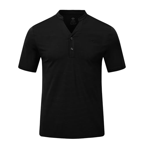 MoFiz Baron Men's Quick Dry Golf Polo Shirts Short Sleeve Henley Shirt Active Athletic Collarless Sport Polo Shirts Black Small