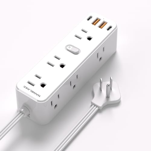 Power Strip Flat Extension Cord Outlet Extender with Smart PD20W,ETL Listed,NANOLAKE Flat Plug with Surge Protector 2100 Joules,9 AC Outlets, 3-Sided,6 Ft Cord 10A, for School Travel Office Dorm Room