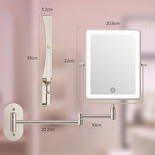 FASCINATE Rechargeable Wall Mounted Makeup Mirror, Bathroom Mirror Rectangle 8.7 Inch Double Sided 1X 10X Magnifying, 3 Color Setting, Extended Arm 360° Swivel Foldable Nichel