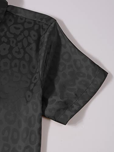 Verdusa Men's Satin Button Down Lapel Collar Leopard Print Short Sleeve Shirt Black S