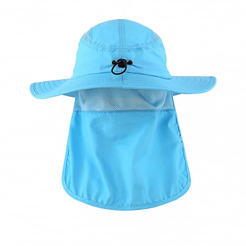 Home Prefer Mens UPF 50+ Sun Protection Cap Wide Brim Fishing Hat with Neck Flap (Sky Blue)